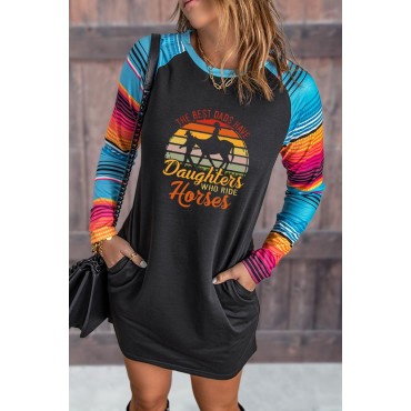 Black THE BEST DADS HAVE Daughters WHO RIDE Horses Serape Sleeve Patchwork Short Dress Black THE BEST DADS HAVE Daughters WHO RIDE Horses Serape Sleeve Patchwork Short Dress