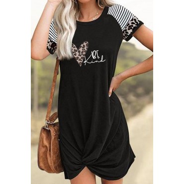 Black Letter Heart Print Leopard Striped Short Sleeve Mini Dress Black Letter Heart Print Leopard Striped Short Sleeve Mini Dress