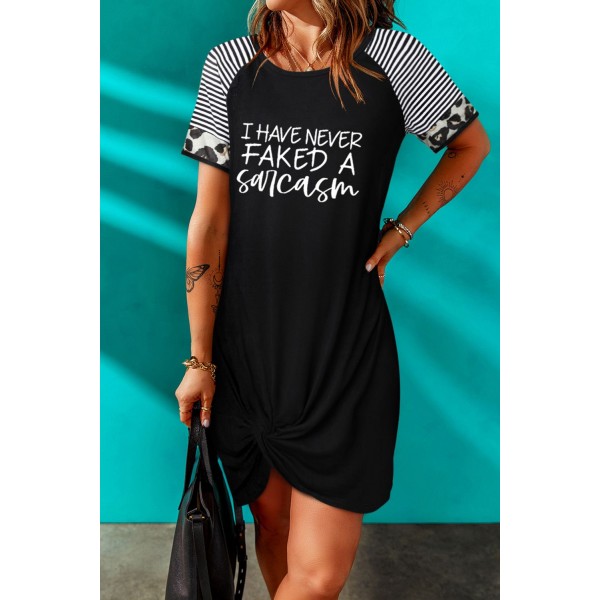 Black Letters Print Twisted Patchwork Sleeve Mini Dress