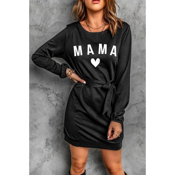 Black MAMA Heart Shaped Print Tie Waist Long Sleeve Mini Dress