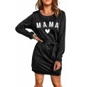 Black MAMA Heart Shaped Print Tie Waist Long Sleeve Mini Dress