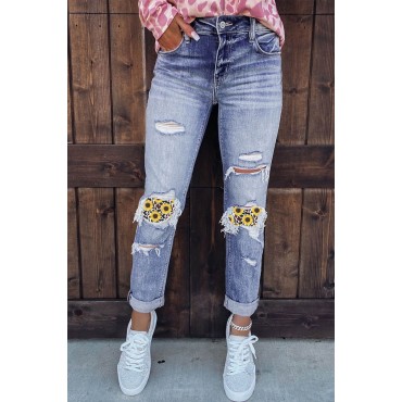 Leopard Sunflower Ripped High Waist Straight Jeans Leopard Sunflower Ripped High Waist Straight Jeans