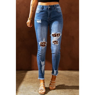 Sky Blue Leopard Splicing Skinny Distressed Ankle Jeans Sky Blue Leopard Splicing Skinny Distressed Ankle Jeans