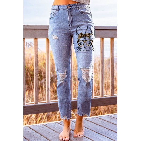 Sky Blue Easter Rabbit Leopard Print Distressed Ankle Jeans