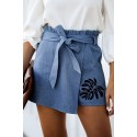 Sky Blue Palm Leaves Print Belted Paperbag Waist Denim Shorts