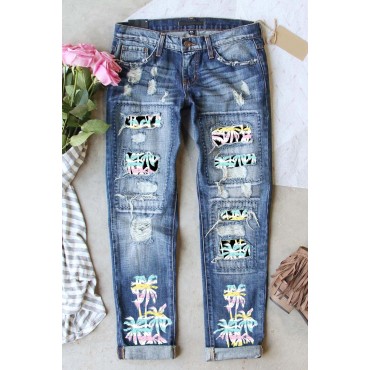 Sky Blue Tropical Tree Print Patchwork Distressed Jeans Sky Blue Tropical Tree Print Patchwork Distressed Jeans