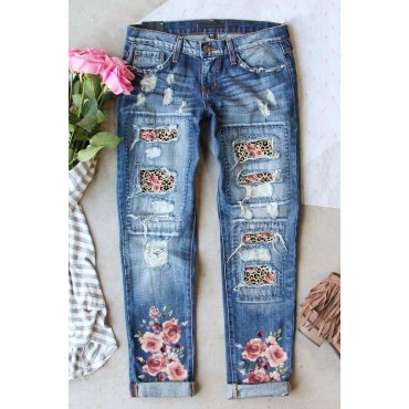 Sky Blue Leopard Flower Patchwork Distressed Denim Pants Sky Blue Leopard Flower Patchwork Distressed Denim Pants