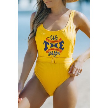 Yellow Baseball Letter Print Ribbed Backless One-piece Swimwear Yellow Baseball Letter Print Ribbed Backless One-piece Swimwear