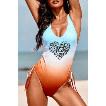 Sky Blue Leopard Heart Gradient Color Print Drawstring Backless Swimwear Sky Blue Leopard Heart Gradient Color Print Drawstring Backless Swimwear