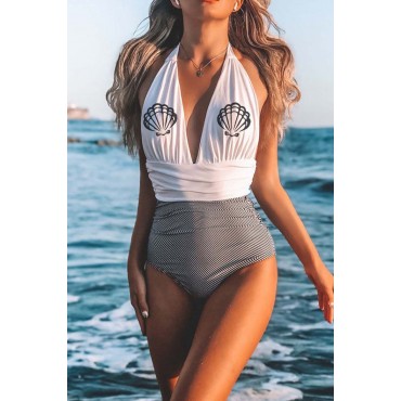 White Pattern Striped Print Halter Deep V Neck Backless One-piece Swimsuit White Pattern Striped Print Halter Deep V Neck Backless One-piece Swimsuit