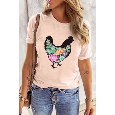 Pink Floral Chicken Print Short Sleeve Graphic T-shirt Pink Floral Chicken Print Short Sleeve Graphic T-shirt