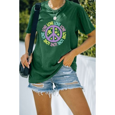 Green Casual Peace Logo Letter Print Graphic Tee Green Casual Peace Logo Letter Print Graphic Tee