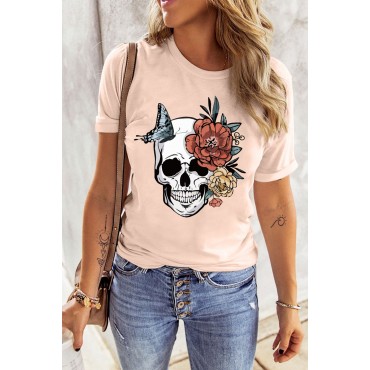 Pink Skull Floral Butterfly Printed Short Sleeve T Shirt Pink Skull Floral Butterfly Printed Short Sleeve T Shirt