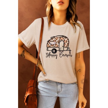 Khaki Happy Camper Leopard Car Print Short Sleeve Graphic Tee Khaki Happy Camper Leopard Car Print Short Sleeve Graphic Tee